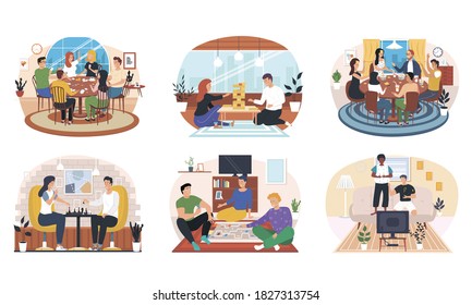 Set of friends home activities. Young multiethnic people having fun at home party and playing card board games on floor. Spending time with friends and family and game together. playing tabletop games
