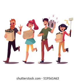 Set of friends hurrying to a party, fetching beer, pizza, music, making selfie, cartoon style vector illustration isolated on white background. Boys and girls getting ready for a party and having fun