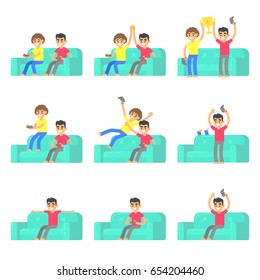 Set friends play in video game on couch in flat style