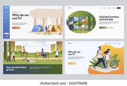 Set of friends riding bicycles. Flat vector illustrations of people spending leisure time outdoors. Cycling, camping, parks and recreations concept for banner, website design or landing web page