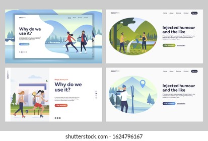 Set of friends skiing and skating together. Flat vector illustrations of people watering plants. Winter and summer outdoor activities, gardening concept for banner, website design or landing web page