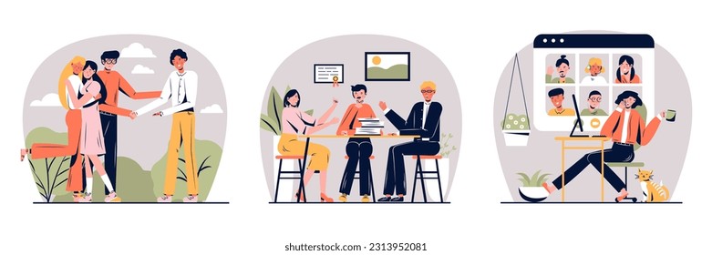 Set of friends spending time together outside, working in office, talking on video call. Friendship in different life situation concept. Flat vector illustration in cartoon style