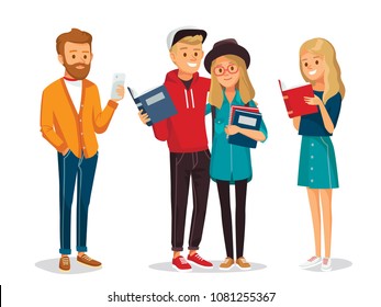 Set of friends, university fellow students classmates standing together holding and reading books. Group of learners young people. Student couple. Vector illustration. Flat design.