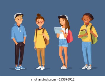 Set of friends, university fellow students classmates standing together holding books with gadgets and backpacks. Group of learners young people. Student couple. Vector illustration. Flat design. 