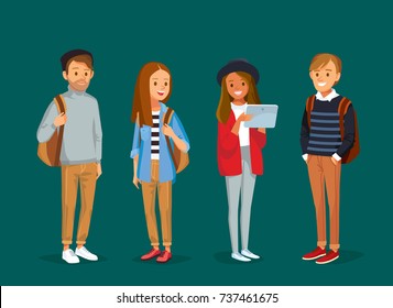 Set of friends, university fellow students classmates standing together  with gadgets and backpacks. Group of learners young people. Student couple. Vector illustration. Flat design. 