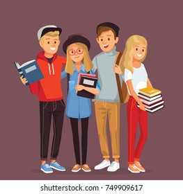 Set of friends, university fellow students classmates standing together  hugging holding books with gadgets and backpacks. Group of learners young people. Student couple. Vector illustration. Flat.