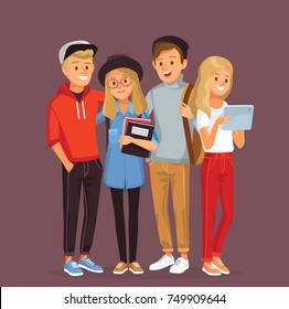 Set of friends, university fellow students classmates standing together  hugging holding books with gadgets and backpacks. Group of learners young people. Student couple. Vector illustration. Flat.