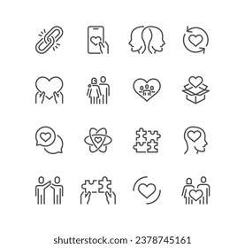 Set of friendship and charity related icons, relationship, sympathy, donation, community, support, trust and linear variety vectors.