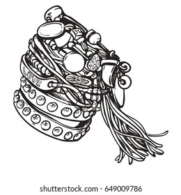 Set of friendship hippie bracelets. Vector illustration. Accessories  with gems, tassels. Vintage boho style, sixties. Details. Youth summer fashion, bohemian, hippy vibes. Coloring book for adults.