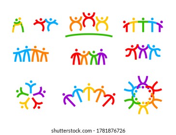 Set Of Friendship Icons Isolated On White Background. Society, Unity, Brotherhood And Human Relation Concept With Colorful People Figures Hugging And Rejoice Together. Cartoon Vector Illustration