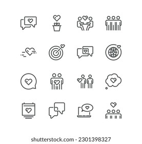 Set of friendship and love related icons, mutual understanding, interaction, assistance business, trust, social responsibility and linear variety vectors.