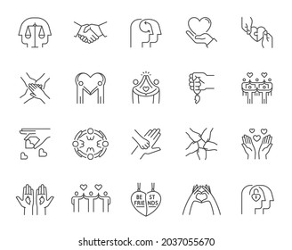 Set of friendship and love related line icons. Contains such icons as mutual understanding, harmony, relationship, handshake, etc. Editable stroke.