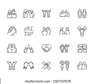 Set of friendship Related Vector Line Icons. Includes such Icons as friends, vacation, hanging out, relationship, family, girlfriend, brother, sister, support and more. - vector