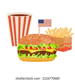 Set of fries, hamburger and soda on an isolated background. Colorful fast food concept on a white background.