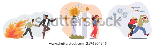Set Frightened People Escape from Destroyed\
City with Explode Buildings and Falling Bombs. Scared Mother with\
Baby in Hands, Father with Son and Family Couple Run Away. Cartoon\
Vector Illustration