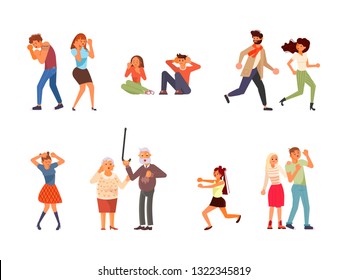 Set of frightened People. Men and women are screaming in horror and running away. Flat Art Vector Illustration
