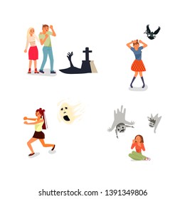 Set of frightened people. Nervous and worried characters. Mental health problems, men and women with phobias with afraid expression. Flat Art Vector illustration