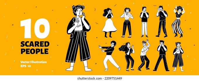 Set of frightened people, scared men and women in shock and panic. Afraid characters isolated on yellow background, vector black and white hand drawn illustration