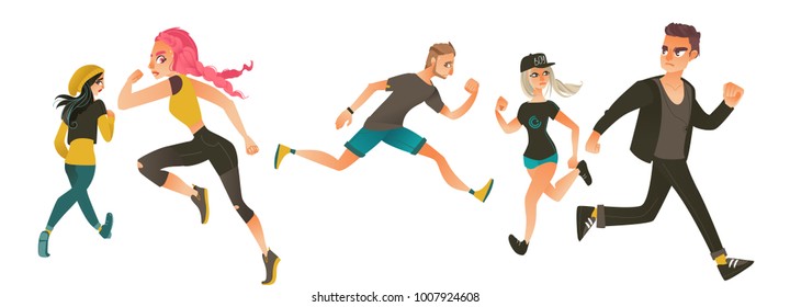 Set of frightened, scared people, men and women, running away in fear and panic, flat cartoon vector illustration isolated on white background. Scared young people running away from something