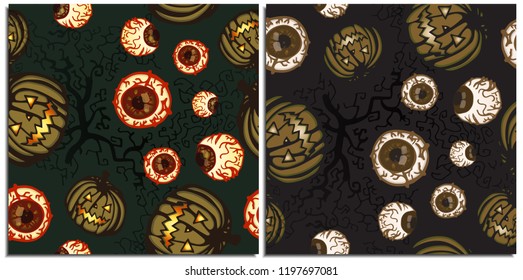 A set of frightening and dark fabulous seamless patterns with ominous pumpkins, dried old tree and crooked branches with a bloody eyeball on a dark green and grey purple background in dark tones
