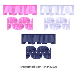 Set or frill ribbons borders. Colorful ruffles vector brushes - pink, black, white. Fashion elements.