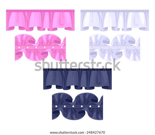 Set or frill ribbons\
borders. Colorful ruffles vector brushes - pink, black, white.\
Fashion elements.