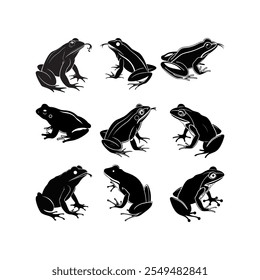 Set of frog black vector cartoon illustration collection set, Solid White Background.