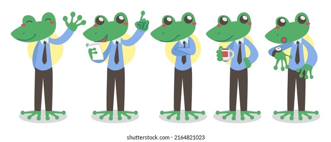Set of frog in businessman professions various action, animal in cartoon style, vector illustration