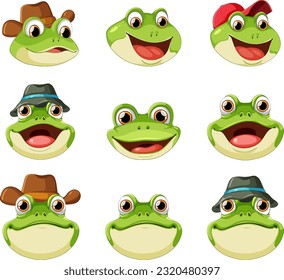 Set of frog cartoon with different facial expression illustration