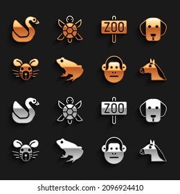 Set Frog, Dog, Horse head, Monkey, Rat, Zoo park, Swan bird and Turtle icon. Vector