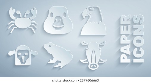 Set Frog, Eagle head, Sheep, Wild boar, Goose bird and Crab icon. Vector