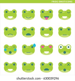 Set of frog emoticons with sixteen different expressions.