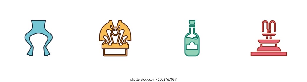 Set Frog legs, Gargoyle on pedestal, Bottles of wine and Fountain icon. Vector