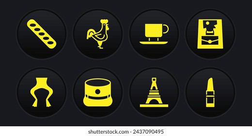 Set Frog legs, Handbag, Kepi, Eiffel tower, Coffee cup, French rooster, Lipstick and baguette bread icon. Vector