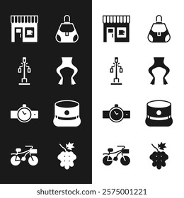 Set Frog legs, Street light, Coffee shop, Handbag, Wrist watch, Kepi, Grape fruit and Bicycle icon. Vector