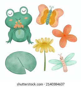 Set of frog with object or element in cartoon drawing with watercolor style for graphic designer, vector illustration