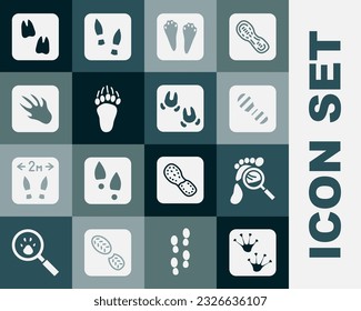 Set Frog paw footprint, Magnifying glass with footsteps, Human footprints shoes, Rabbit and hare, Bear, Alligator crocodile, Camel and Wild boar icon. Vector