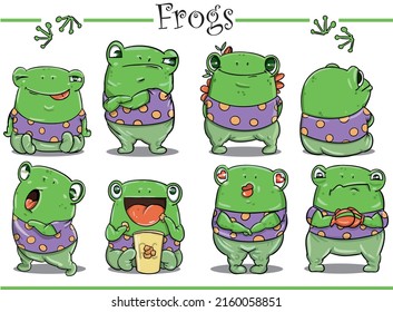 set frog vector characters green cartoon different laughing watching tv angry in love childish emotion