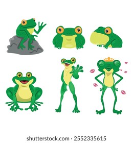 set of frogs in cartoon style, vector illustration on white background.
