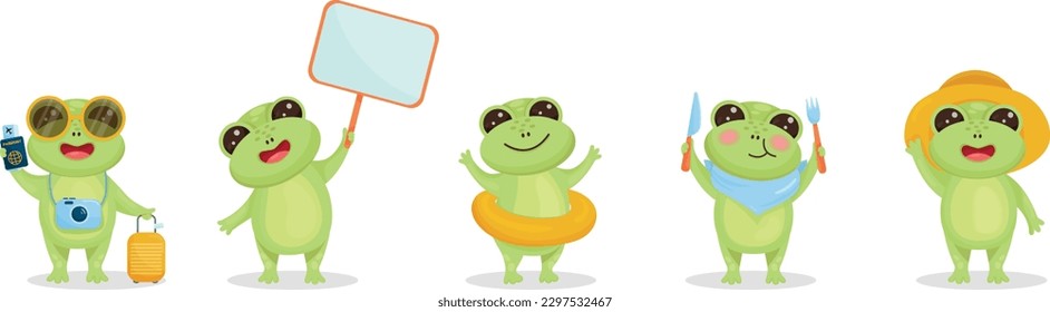 set of frogs with different poses, emotions. Traveling, standing with blank poster, eating, waving, with swimming ring.Vector illustration for designs, prints, patterns. Isolated on white background