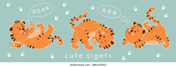 Set of frolicking cute tiger cubs. Isolated vector image.