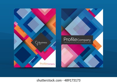 Set of front and back a4 size pages, business annual report design templates. Geometric square shapes backgrounds. Vector illustration
