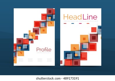 Set of front and back a4 size pages, business annual report design templates. Geometric square shapes backgrounds. Vector illustration