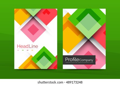 Set of front and back a4 size pages, business annual report design templates. Geometric square shapes backgrounds. Vector illustration