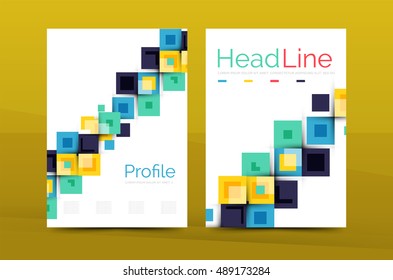 Set of front and back a4 size pages, business annual report design templates. Geometric square shapes backgrounds. Vector illustration