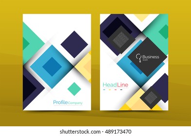 Set of front and back a4 size pages, business annual report design templates. Geometric square shapes backgrounds. Vector illustration