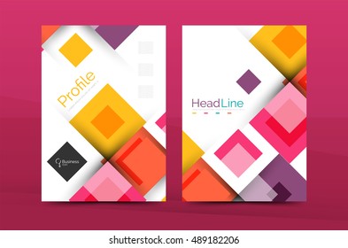Set of front and back a4 size pages, business annual report design templates. Geometric square shapes backgrounds. Vector illustration