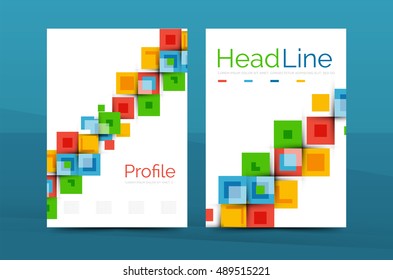 Set of front and back a4 size pages, business annual report design templates. Geometric square shapes backgrounds. Vector illustration