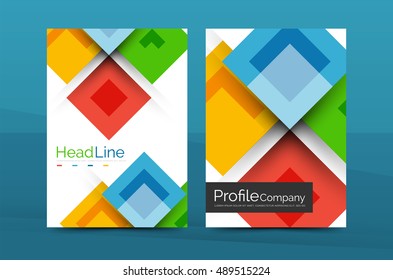 Set of front and back a4 size pages, business annual report design templates. Geometric square shapes backgrounds. Vector illustration