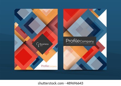 Set of front and back a4 size pages, business annual report design templates. Geometric square shapes backgrounds. Vector illustration
